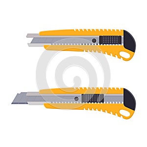 Yellow box cutter instrument isolated on white.