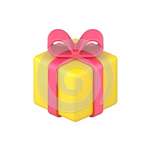 Yellow box gift 3d icon. Holiday surprise with red ribbon and bow