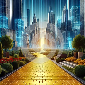 Yellow Brick Road leading through a futuristic city