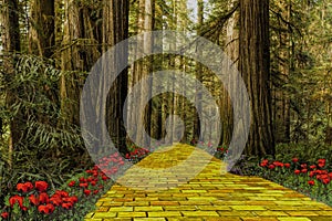 Yellow Brick Road leading through a forest photo