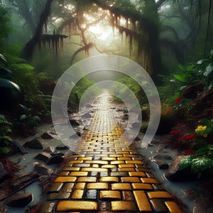 Yellow Brick Road leading through a forest