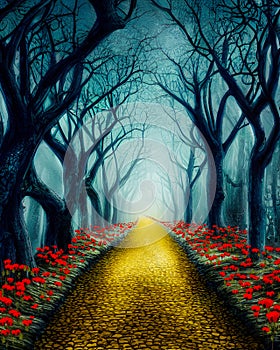 Yellow brick road leading through a spooky foggy forest