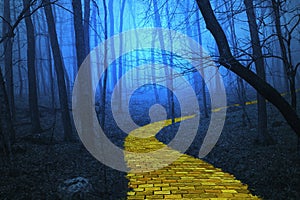 Yellow Brick Road leading through a spooky forest