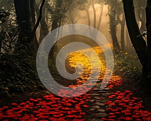 yellow brick road leads through a foggy forest.