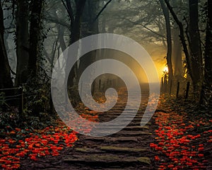 yellow brick road leads through a foggy forest.