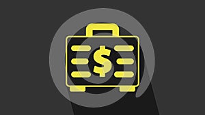 Yellow Briefcase and money icon isolated on grey background. Business case sign. Business portfolio. 4K Video motion
