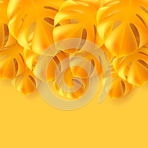 Yellow bright background with monocolor yellow tropical large 3d leaves on the top of composition