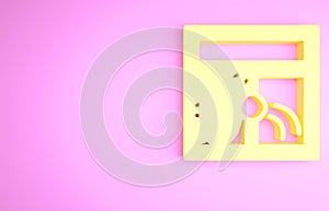Yellow Broken window icon isolated on pink background. Damaged window. Beaten windowpane concept. Vandalism. Minimalism