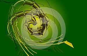 yellow brown and green graphic design. intertwining coils