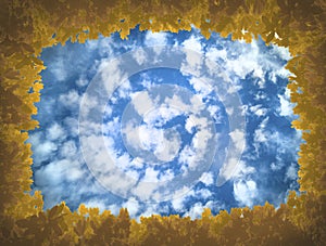 Yellow-brown maple leaves as frame of sky,covered with cirrus and cumulus clouds.Banner,backdrop for text,blog,design