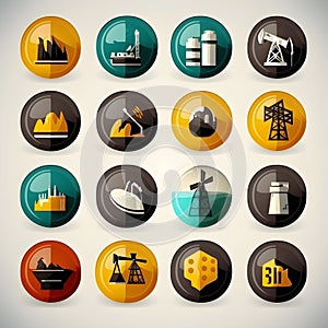 Yellow, brown, teal blue renewable energy icons on a light ivory background - multiple