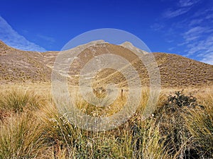 Yellow-brownish landscape of Southern Alps with blue sky