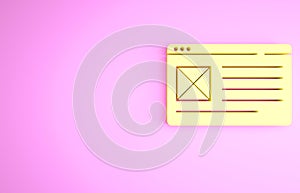 Yellow Browser window icon isolated on pink background. Minimalism concept. 3d illustration 3D render