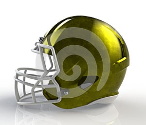 Yellow brushed galvanized american football helmet side view on a white background with detailed clipping path