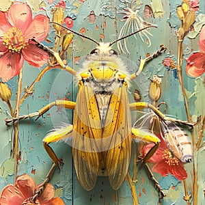 Yellow bug is on a blue background with red flowers