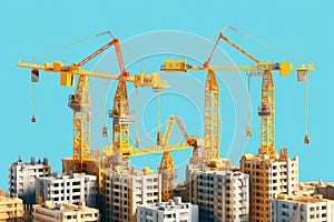 Yellow Building Construction Cranes on a Blue Sky Background. Generative AI