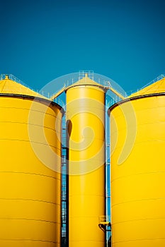 Yellow building with two large yellow tanks on top of it. Generative AI