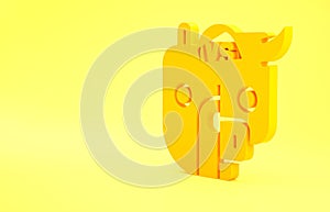 Yellow Bull and bear symbols of stock market trends icon isolated on yellow background. The growing and falling market