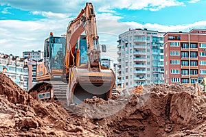 A yellow bulldozer is actively digging through a large pile of dirt at a construction site, An autonomous bulldozer excavating a