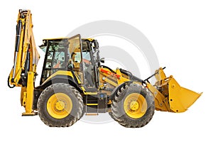 Yellow bulldozer or backhoe loader isolated