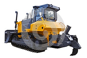 Yellow Bulldozer excavator, isolated on white background with clipping path