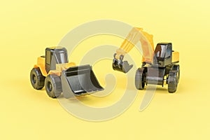 A yellow bulldozer and a yellow excavator on a yellow background