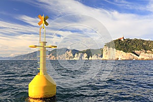 Yellow buoy on sea, portovenere, la spezia, italy
