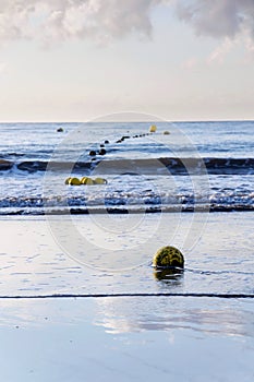 Yellow buoys on rope lying on sandy beach with small waves on sea and beautiful clouds during sunrise, sunny summer morning