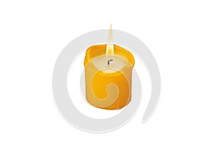 Yellow burning candle with bright flame isolated on white. Transparent png additional format