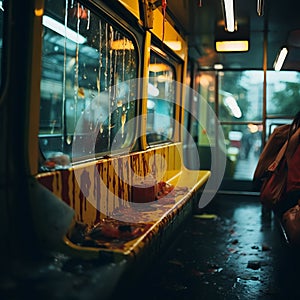 a yellow bus with blood splattered on it