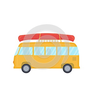 Yellow bus for camping and travel with canoe on top, vector illustration