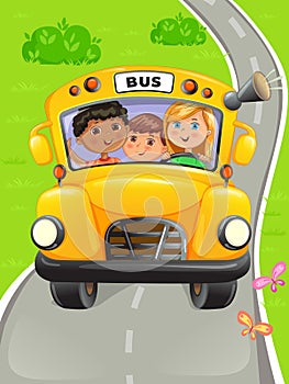 Yellow bus with kids going to school