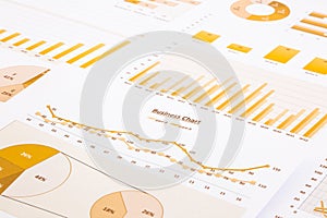 Yellow business charts, graphs, report and summarizing background