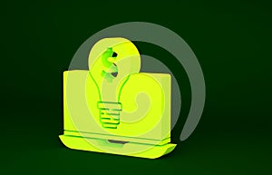 Yellow Business light bulb with dollar on laptop screen icon isolated on green background. User touch screen. Minimalism