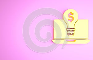 Yellow Business light bulb with dollar on laptop screen icon isolated on pink background. User touch screen. Minimalism