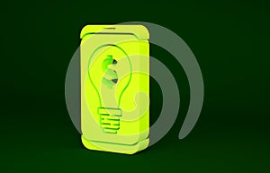 Yellow Business light bulb with dollar on smartphone screen icon isolated on green background. User touch screen