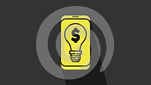 Yellow Business light bulb with dollar on smartphone screen icon isolated on grey background. User touch screen. 4K