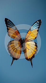 A yellow butterfly with blue tips to the upper wings and a black wing outline on a blue background.