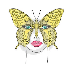 Yellow butterfly covers a woman's face.