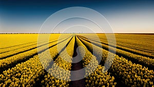 A yellow butterweed flower field with a blue sky in the background wallpaper, generative AI