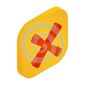 Yellow button with cross icon, isometric 3d style