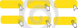 Yellow buttons with clicking hand or arrow pointer set. Click here vector template.