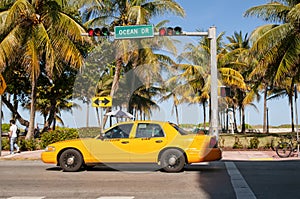 A yellow cab on Ocean Drive in Miami