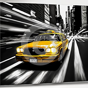 Yellow cab, taxicab riding fast in New York