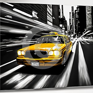 Yellow cab, taxicab riding fast in New York photo