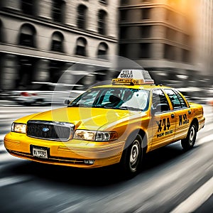 Yellow cab, taxicab riding fast in New York photo