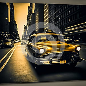 Yellow cab, taxicab riding fast in New York photo