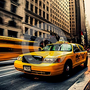 Yellow cab, taxicab riding fast in New York photo