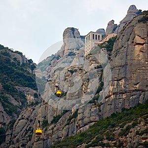 Yellow cable car in the Aeri de Montserrat rise to de Montserrat Abbey near Barcelona, Spain, Catalonia.