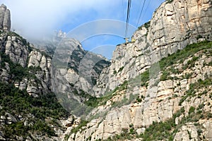 Yellow cable car to the Church of Santa Maria de Montserrat in the mountains of Montserrat.